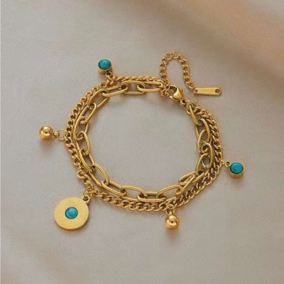 Gold Plated Stainless Steel Turquiose Layered Pendant Bracelet - Picture 1 of 2